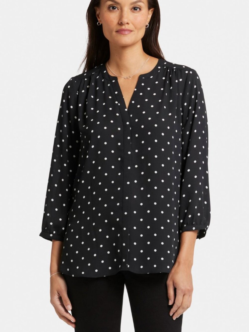 NWT NYDJ pintuck blouse in dark navy with polka dot print (size XS)